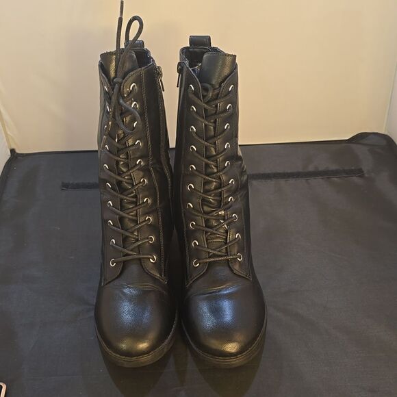 ROUGE HELIUM WOMEN' ROUND TOE MILITARY LACE UP KNIT ANKLE CUFF  HEEL COMBAT BOOT - Picture 3 of 14